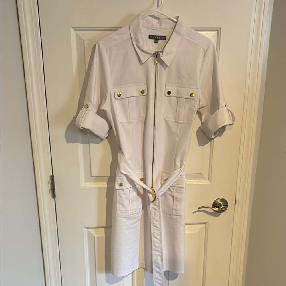 Sharagano White Shirt Dress with Gold Accents
